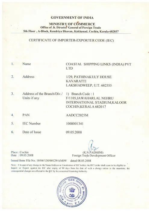 Costal Shipping Links Import and Export Certificate