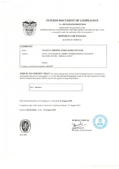 Costal Shipping Links Technical Management License Certificate